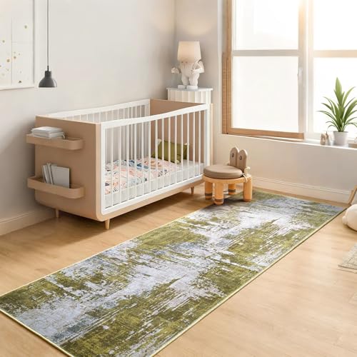 2x6 Sage Green Rug Runners for Hallways Kitchen Runner Rug Non Slip Washable Long Runner Rugs with Rubber Backing Soft Abstract Carpet Runner for Hallways (Green / 2' x 6' (Runner))