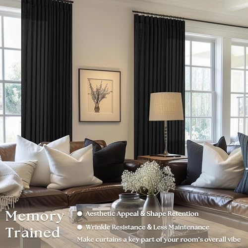 Black Pinch Pleated Linen Semi Sheer 120 Inch Curtains 2 Panels (Black / 40"W x 120"L (Pack of 2))