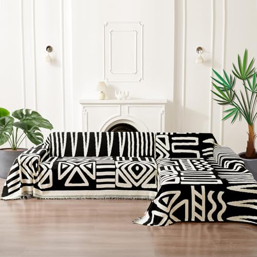 Boho Sofa Covers for Dogs Black Couch Sofa Covers for 3 Cushion Couch Sofa Beige Chenille Sofa Slipcover Washable Sectional l Shaped Covers Pets Protector Furniture Covers (91" x 150" / T:black)