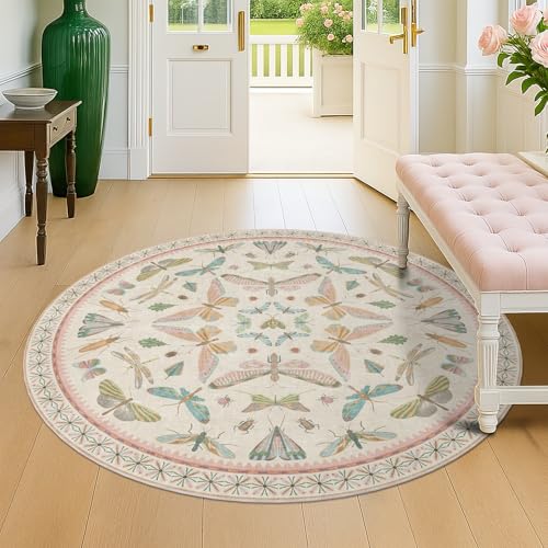 Boho Light Pink Round Rugs for Kids Bedroom (4' (Round) / Beige Pink)