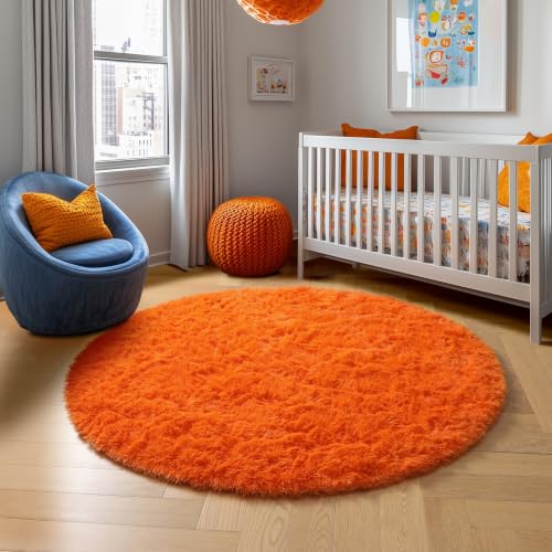 Orange Round Shag Kids Rug 4Ft for Bedroom Living Room Classroom (Orange / 4' (Round))
