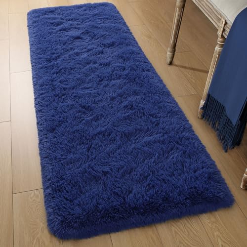 Navy Soft Runner Rugs for Bedroom 2x6 ft with Rubber Backing (Light Navy / 2' X 6' (Runner))