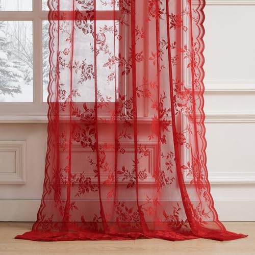 Red Lace Curtains 45 Inch Length 2 Panels Set Romantic Country Flower Curtains for Kitchen Cafe Rod Pocket Light Filtering Semi Sheer Small Window Curtains for Valentine's Christmas Day Decor (52"W x 45"L (Pack of 2) / Red)