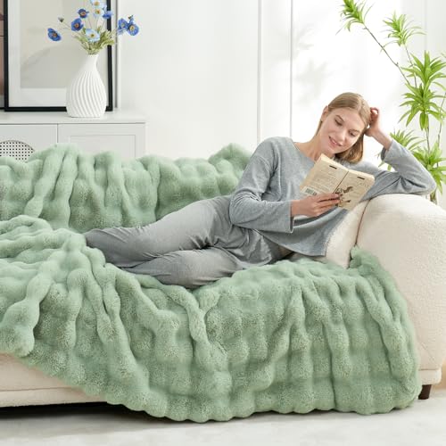 Faux Fur Throw Blanket for Couch (Sage Green / Twin(60" x 80"))