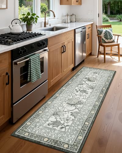 Provence Fog 2.5 x 8 Washable Kitchen Runner Rugs Non Slip Vintage Boho Cottage Long Rug for Hallways Bedroom Entryway Bathroom Mat with Rubber Back (Provence Fog / 2'6" x 8' (Runner))