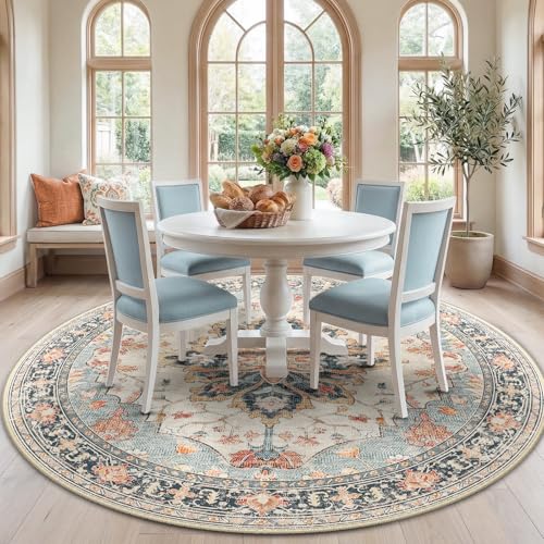 Washable Area Rug (Beige/Blue/Orange / 7' (Round))