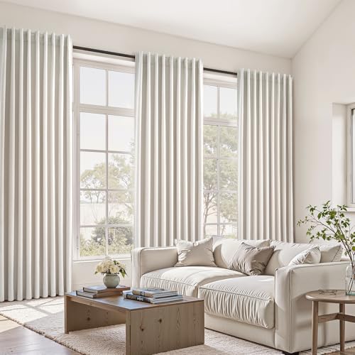 107 Inch Long Farmhouse Linen Blackout Curtains for Bedroom 2 Panel Sets Natural Ivory Birch Linen Texture Thermal Insulated Energy Saving Drapes for Sliding Door (Birch / 52"W x 107"L (Pack of 2))