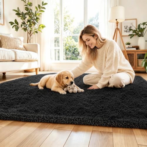 5x8 Black Shag Area Rug for Living Room (Black / 5' x 8' (Rectangular))
