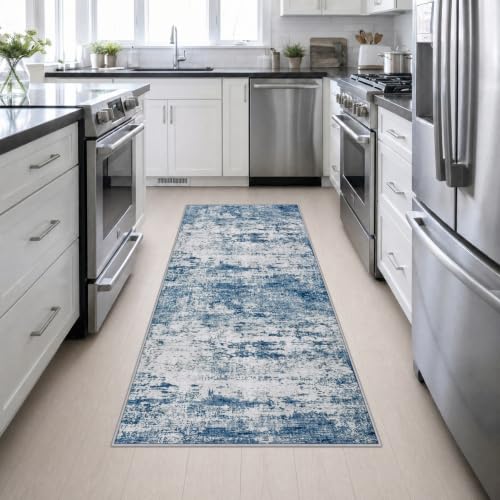 3x8 Washable Runner Rug：Modern Abstract Kitchen Soft Carpet Blue (Blue / 3' x 8' (Rectangular))