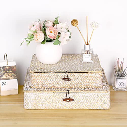 Set of 2 Flat Woven Wicker Basket Bins with Lid Natural Seagrass Box (Small+Large / Whitewash)