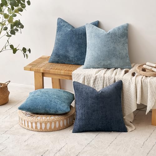Soft Decorative Chenille Pillow Covers Blue Series 18x18 Pack of 4 (18" x 18" (Pack of 4) / Neutral Blue)