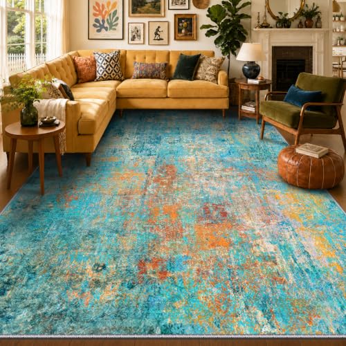 Washable 6'x8' Abstract Area Rug for Living Room Teal Multi (Teal Blue/Green/Orange / 6' x 8' (Rectangular))