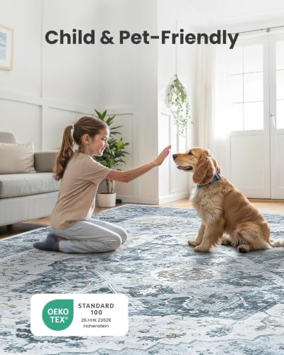 Amada Large 8x10 Washable Area Rug for Living Room (8' x 10' (Rectangular) / Ivory/Blue)