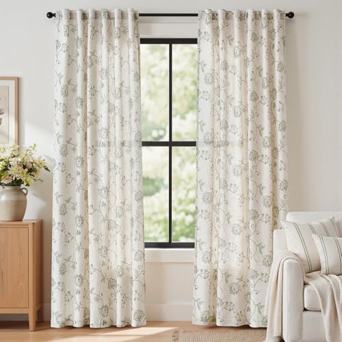 Green Floral Linen Curtains 84 Inch Vintage Back Tab 2 Panels (Floral Green / 50"W x 84"L (Pack of 2))