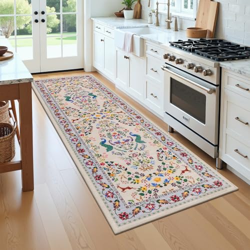 HEBE Hallway Runner Rug 2'x6' (Floral Beige / 2' x 6' (Rectangular))