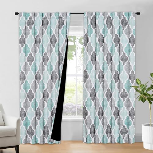 Moroccan 100% Blackout Curtains Bedroom Aqua Grey 50x96 2 Panels (Rod Pocket | Aqua and Grey / 50"W x 96"L (Pack of 2))
