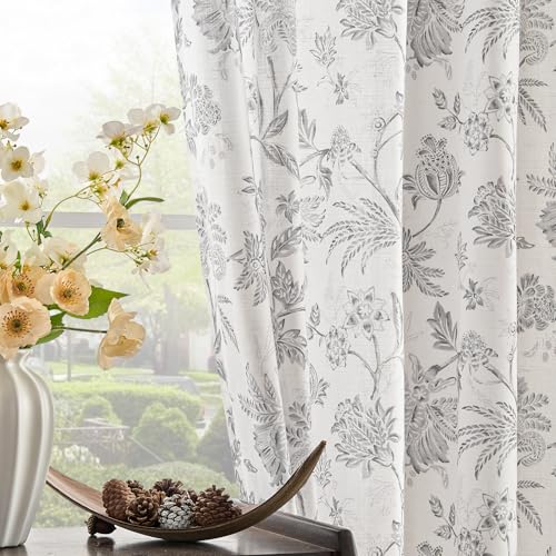 Light Grey Floral Linen Curtains 84 Inch Vintage Back Tab 2 Panels (*Jacobean Light Grey / 50"W x 84"L (Pack of 2))