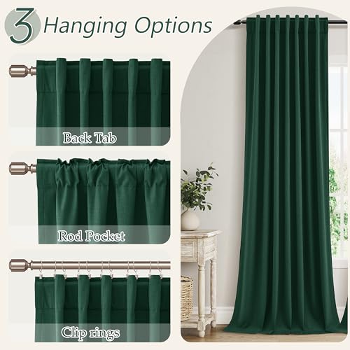 Dark Green 100% Blackout Linen Curtains 84 Inch Length 2 Panels Set for Living Room Back Tab Thermal Insulated Black Out Drapes Room Darkening Farmhouse Style for Bedroom Curtains 52x84 (Dark Green / 52"W x 84"L (Pack of 2))