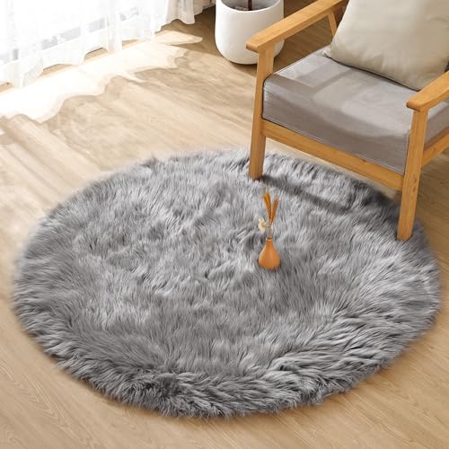 Silver Grey Shag Faux Sheepskin Fuzzy Fur Rugs for Bedroom Circle Plush Washable Furry Fur Area Rugs for Living Room Nursery 4ft X 4ft Rug (4' (Round) / Silver Grey)