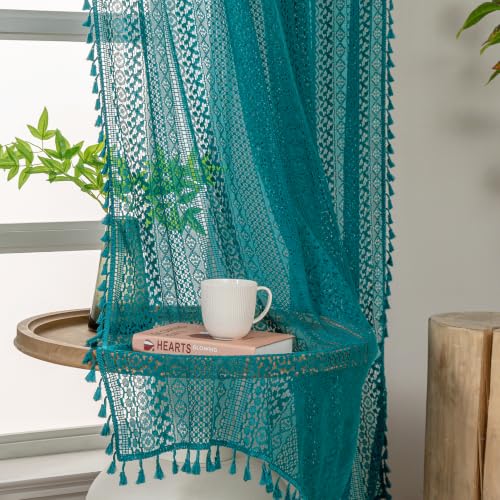 Boho Lace Curtains 96 Inches 2 Panel (59"W x 96"L (Pack of 2) / Teal)