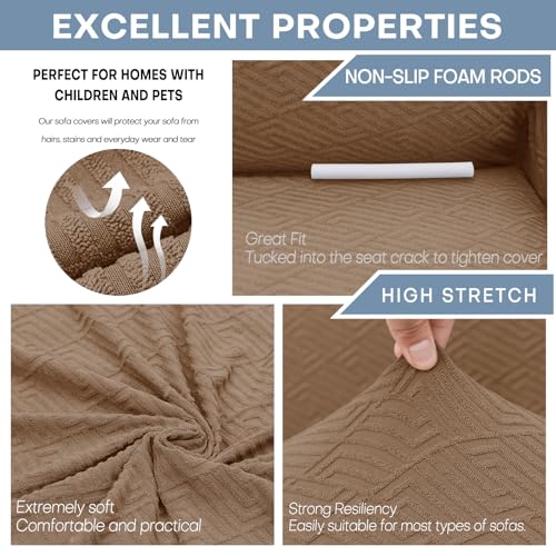 1 Piece Jacquard Couch Covers for 3 Cushion Couch Living Room High Stretch Sofa Cover Pets Dogs Friendly Anti Slip Thickened Slipcovers Furniture Protector (Large (71"-90") / New Pattern Light Coffee)