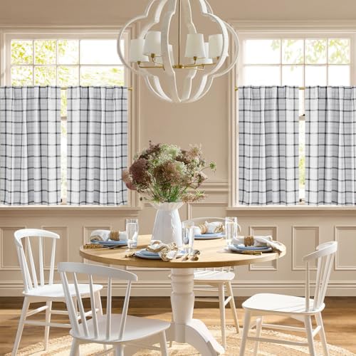 Farmhouse 100% Blackout White Kitchen Buffalo Plaid Curtains (26"W x 36"L (Pack of 2) / Grid Pattern | White & White)