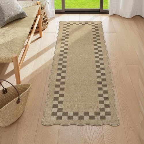 Easy Jute Checkered Runner Rug for Kitchen (2‘ x 6’ / Tan/Checkered)