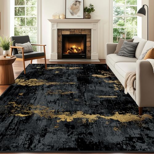 Washable 9'x12' Abstract Area Rug for Living Room Black Gold (Black/Gold / 9' x 12' (Rectangular))