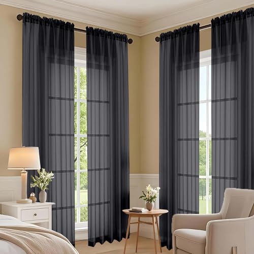 Black Sheer Curtains 120 Inches Long 2 Panels Set (Black / 59"W x 120"L (Pack of 2))
