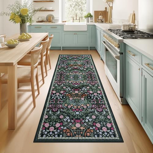 2x6 Washable Runner Rug：Floral Indoor Kitchen Carpet Dark Green (Dark Green / 2' x 6' (Runner))