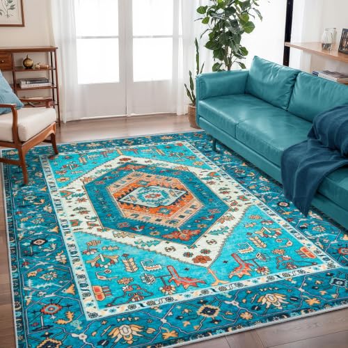 5x7 Washable Non Slip Boho Area Rug for Living Room (Blue/Multi / 5' x 7' (Rectangular))