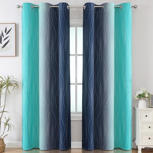 Navy Blue and Teal Gradient Blackout Curtains for Living Room 84 Inch Long (Navy Blue and Teal / 42"W x 84"L (Pack of 2))