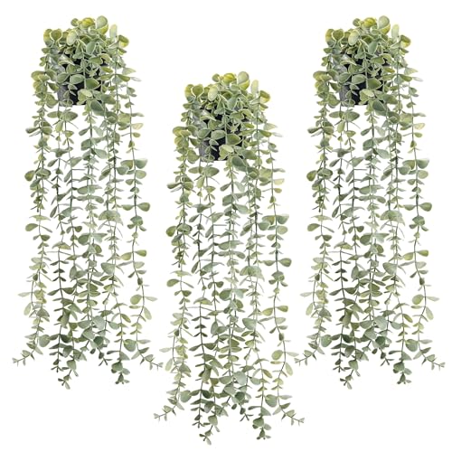 3Pcs Cozy Fake Eucalyptus Hanging Plants for Bathroom Wall Decor (Gray Green)