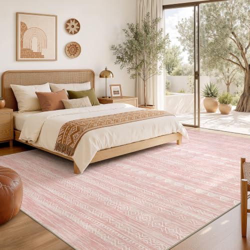 Boho 5x7 Pink Area Rug Living Room Rugs Machine Washable (Pink / 5' X 7' (Rectangular))