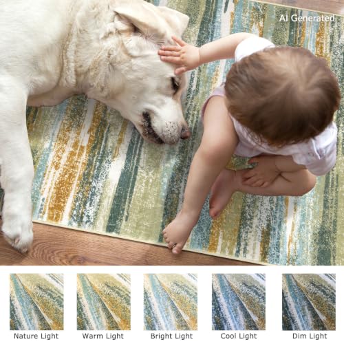 Modern Abstract 2x5 Runner Rug Non Slip Washable Kitchen Rugs (Green Teal Mustard Multi / 2' x 5' (Runner))