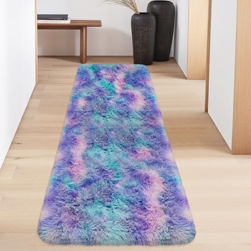 Super Soft Fluffy Living Room Area Rug 2x6 ft Purple Rainbow Tie (Tie-dyed Purple Rainbow / 2' x 6' (Runner))