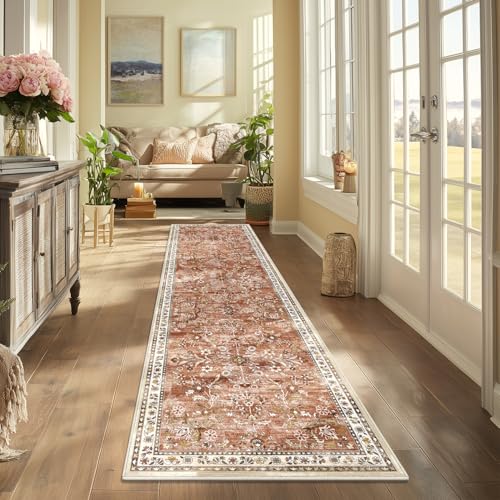 2x8 Washable Hallway Runner Rug Non Slip Floral Carpet (Brick-red / 2' x 8')