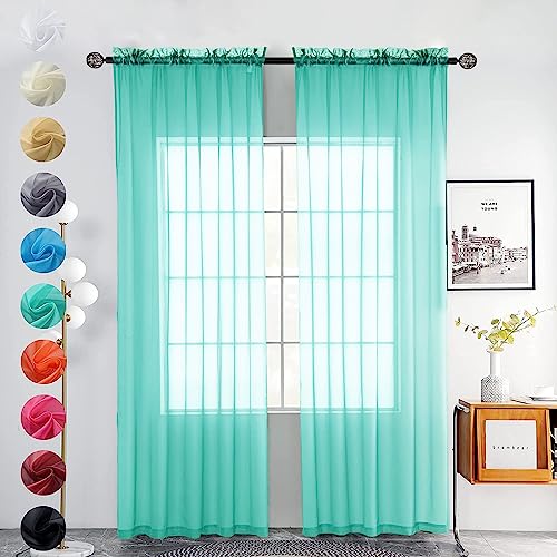 Solid Sheer Rod Pocket Curtain Voile Draperies 2 Panels White Beige Black Grey Coffee 52 Inch Width 63 Inch Long 1 Pair for Kitchen Bedroom Children Living Room Yard (Turquoise / 52"W x 63"L (Pack of 2))