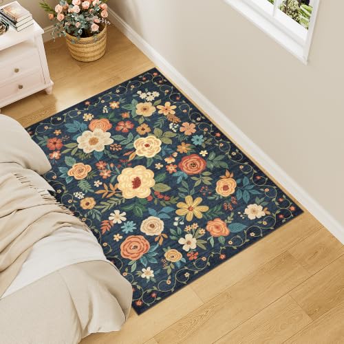 3x4 Area Rug Floral Washable Rug for Kitchen Non Slip (Navy Blue / 3' x 4' (Rectangular))