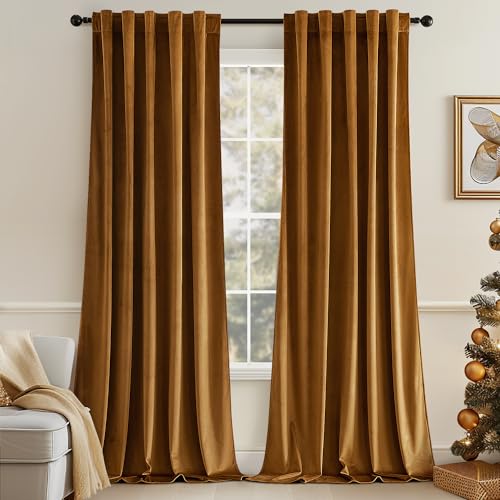 Velvet Curtains 52x63 inches 2 Panels Gold Brown Blackout Curtains (Golden Brown / 52"W x 63"L (Pack of 2))