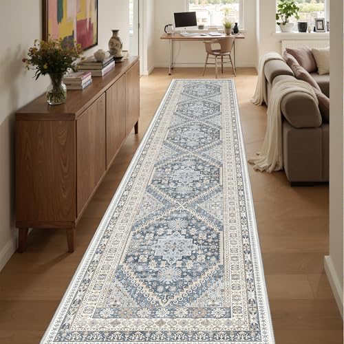 Washable Runner Rug 2.5x14 (Blue/Beige / 2'6" x 14' (Runner))