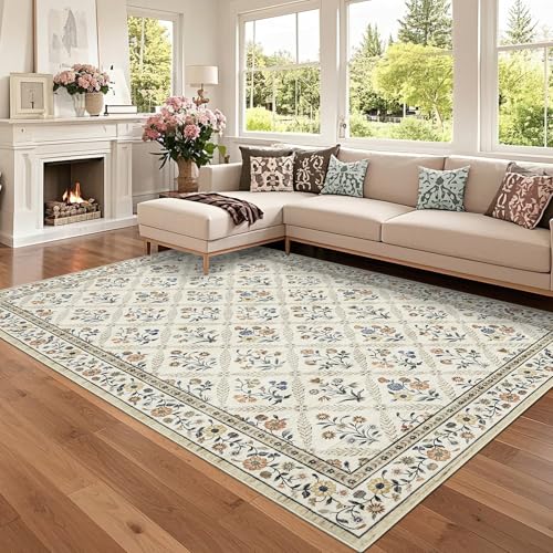 6x9 Machine Washable Area Rugs for Living Room Floral Stain Resistant Soft Carpet Vintage Low Pile Non Slip Non (Beige/Sand / 6' x 9' (Rectangular))