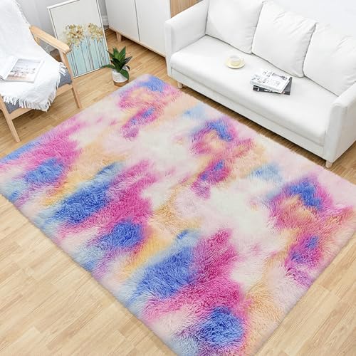 Fluffy Colorful Rug for Bedroom Girls 4x6 Kawaii Rainbow Tie Dye Area Rug Fuzzy Indoor Floor Unicorn Rug for Living Room Kids Nursery Baby Princess Room Dorm Home Decor Aesthetic Carpets (Tie-dyed Colorful / 4' x 6' (Rectangular))
