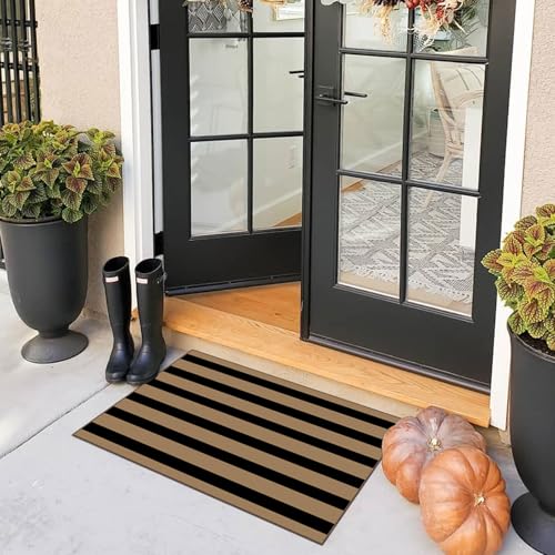 Front Door Mat Indoor Outside Entrance 2x3 Black Tan Striped Rug (Striped - Black / Tan / 2' x 3' (Rectangular))