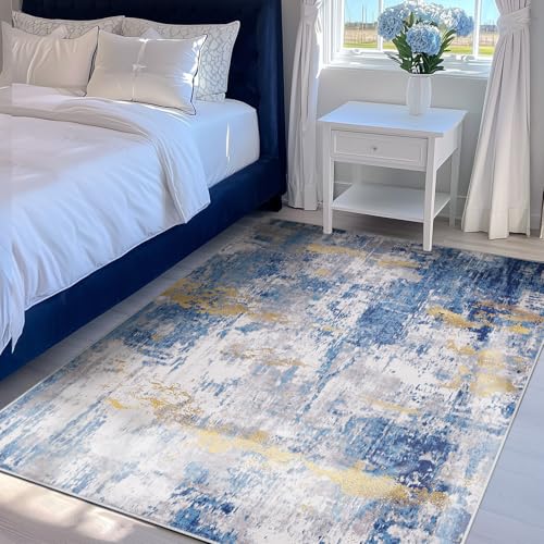Washable 4'x6' Abstract Area Rug for Living Room Blue Gold (Blue/Gold / 4' x 6' (Rectangular))