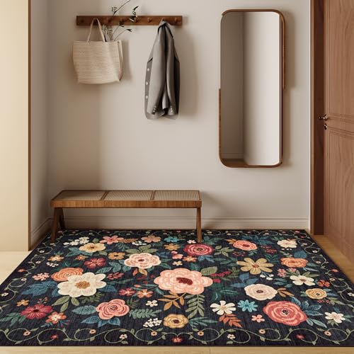 3x5 Area Rug Floral Washable Rug for Bedroom Non Slip (Black / 3' x 5' (Rectangular))