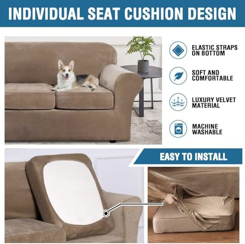 Real Velvet Plush 3 Piece Stretch Sofa Covers Couch Covers for 2 Cushion Couch Loveseat Covers Width Up to 72 Inch Feature Thick Soft Stay in Place (2 Cushion Loveseat / Camel)