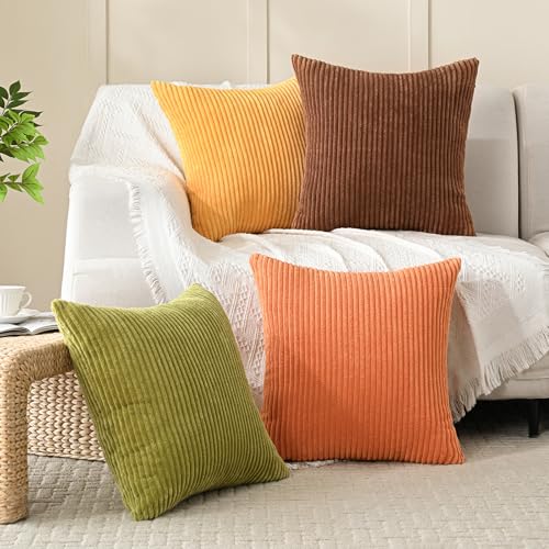Set of 4 Fall Orange Corduroy Throw Pillow Covers 20x20 Inch (Yellow Orange / 20" x 20" (Pack of 4))