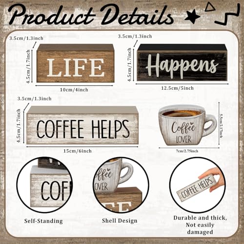 4 Pcs Wooden Coffee Bar Signs Farmhouse Table Decor Blocks (Coffee Lover)