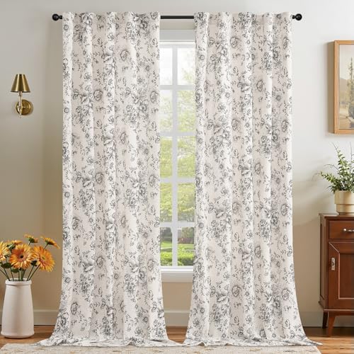 Vintage Floral Linen Curtains 120 Long for Living Room 2 Panels (Black on Beige / 50"W x 120"L (Pack of 2))